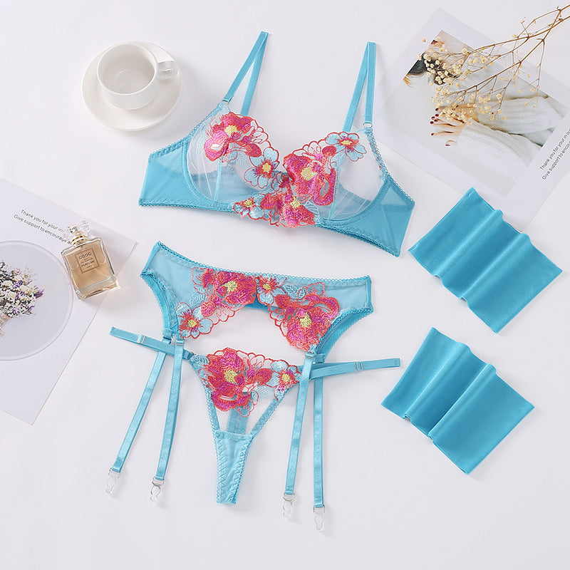 Embroidered Floral Lingerie Set with Garter Belt